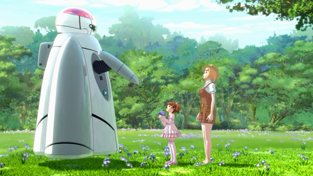 Duas irmãs felizes no bosque e um robô amigo
